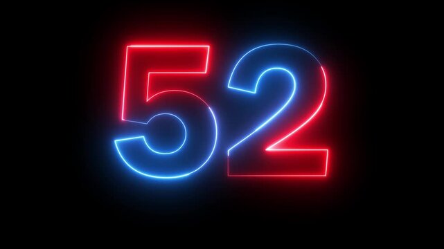 Neon red blue color Number 52 text icon animation education mathematic digit count finance countdown icon sign symbol on black background