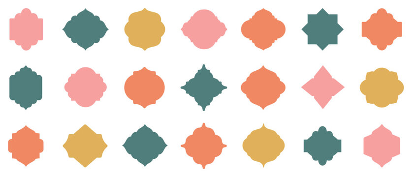 Old mosque windows shape in oriental style. Islamic door set, flat arabic frames or arabian arches silhouette.  Ramadan mubarak ornament shapes. Arabic geometric border outline clipart.