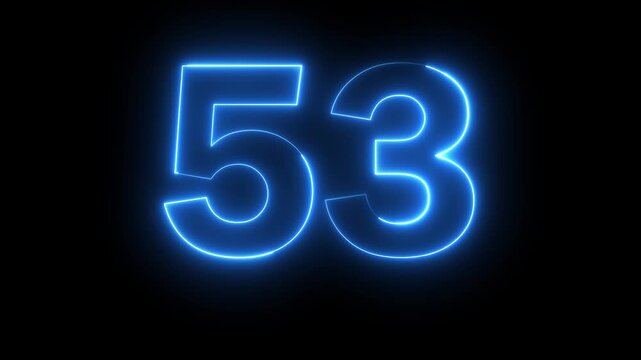 Neon blue color Number 53 text icon animation education mathematic digit count finance countdown icon sign symbol on black background