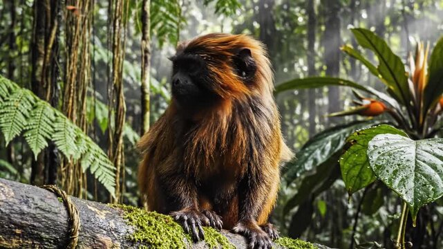 Reddish monkey sitting on mossy log in lush tropical jungle