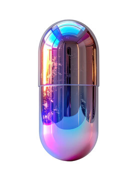 A metallic pill with holographic sheen, isolated on a black background