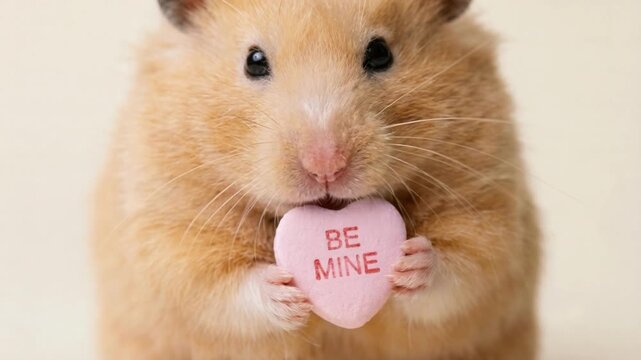 Cute hamster holding pink candy heart in paws close up studio shot adorable valentine concept video for holiday celebration and love themes 4k