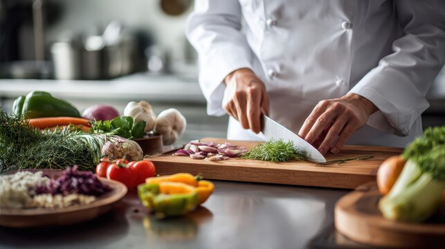 Culinary professional cutting ingredients on counter, modern clean kitchen, chef coat, correct anatomy, realistic photo style 