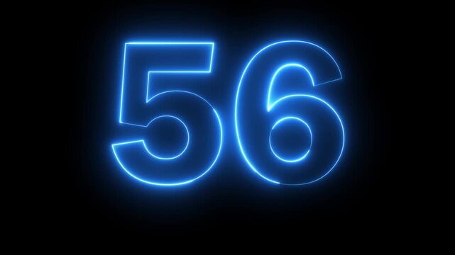 Neon blue color Number 56 text icon animation education mathematic digit count finance countdown icon sign symbol on black background