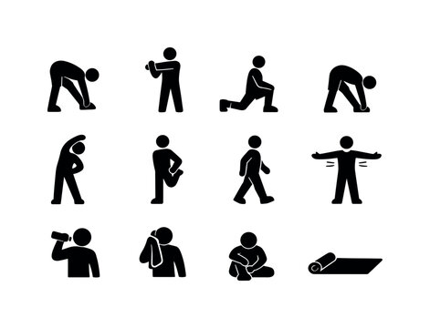 Morning jog. Solid icon set of warm-up and cool-down: hamstring stretch, arm stretch, lunges, toe touch, side bend, quad stretch, cool down