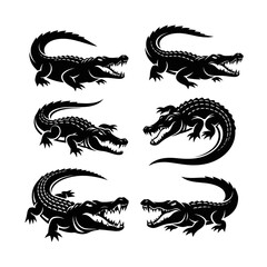 Set of Six Alligator Silhouettes in Various Poses.