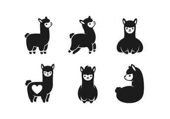 Set of six black llama icons in different poses.