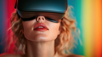 Fototapeta premium A close-up view of a woman enjoying a virtual reality experience, showcasing her engagement with technology while vibrant colors create a fun and exciting atmosphere.