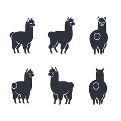 Set of six black llama silhouettes in different poses.