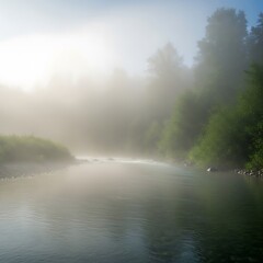Fototapeta premium Misty river flowing through a lush green forest with sunlight filtering through the morning fog, creating a serene and tranquil natural landscape