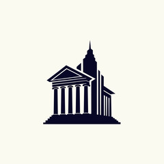 Silhouette of a classical building with columns and a modern spire.