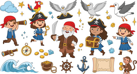 Fototapeta premium Cute pirate kids adventure set with captain, treasure chest, map, coins, anchor and nautical elements