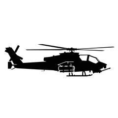 Silhouette of a military attack helicopter in flight.