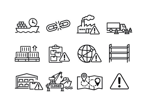 Global supply chain disruption. Line icon set of Global supply chain disruption: delayed cargo ship, broken supply link, factory shutdown,