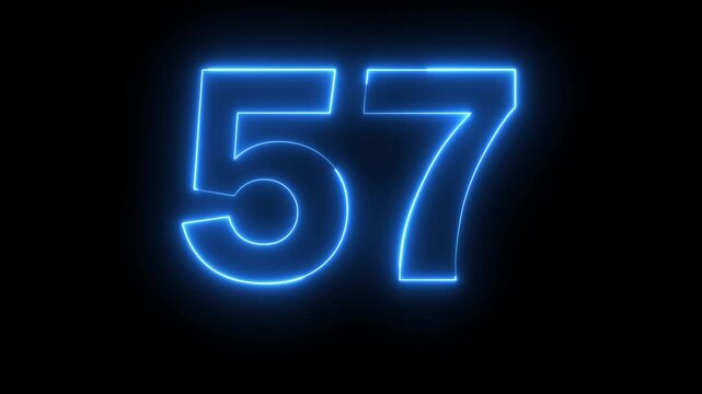 Neon blue color Number 57 text icon animation education mathematic digit count finance countdown icon sign symbol on black background