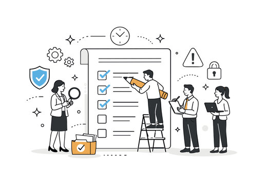 Risk avoidance culture in corporate processes. Team members checking boxes on a large checklist or policy document together. The mood