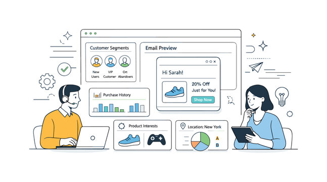 Data-driven personalization. Dashboard with customer data influencing email content in real time. Smart automation, insight-driven decisions