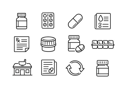 Antibiotics Packaging Icons. Antibiotics Packaging. Line icon set of Antibiotics Packaging: medicine bottle, blister pack, capsule shape, dosage label,