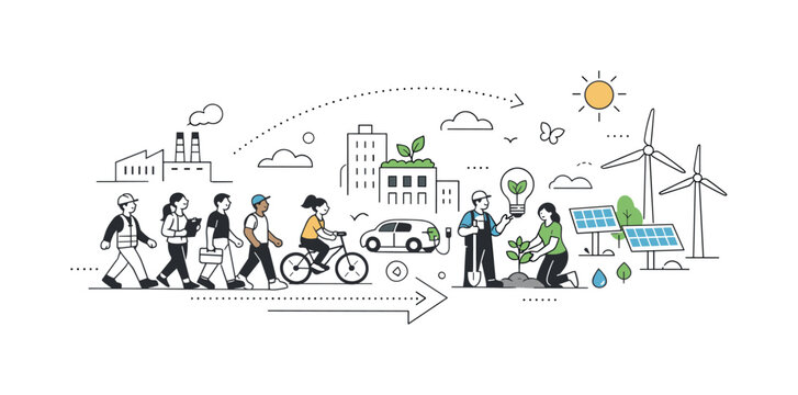 Sustainable Progress Journey. Just transition to sustainability. Workers and communities moving toward renewable energy symbols and green infrastructure
