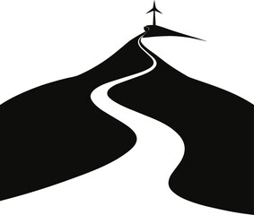 A winding road ascends a dark stylized mountain toward a solitary silhouetted tree at its peak high quality