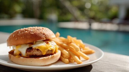 Delicious Cheeseburger and Fries Served Poolside in Sunlight