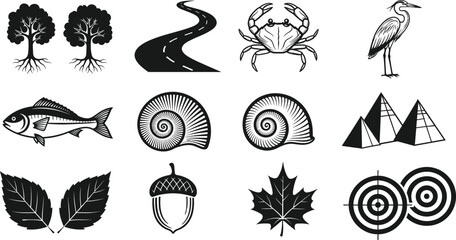 Set of Stylized Nature and Object Illustrations Featuring Trees, Road, Crab, Heron, Fish, Seashells, Pyramids, Leaves, and Target Symbols © MstHalima