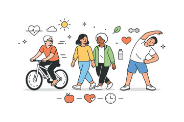 Fototapeta premium Active lifestyle benefits. People engaging in different light activities like cycling, walking, or stretching, shown together in a calm
