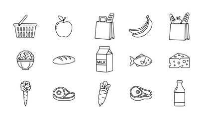 Fototapeta premium Grocery and food outline icon set vector minimalist kitchen symbols isolated on transparent background