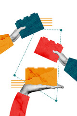 Composite artwork 3D photo collage template of recruitment workspace entrepreneur human resources profession hand hold block build toy © deagreez