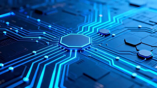 Closeup of a glowing blue circuit board