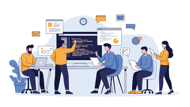 Group of software developers and designers working together on code and projects in a modern technology office environment.