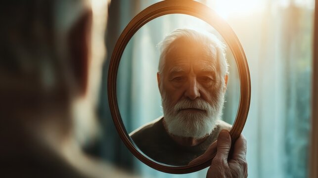An introspective elderly man looking into a mirror, capturing the essence of aging and self-reflection with warm light enhancing the poignant moment of contemplation.