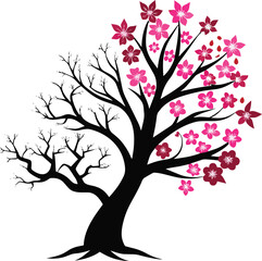 A stylized illustration depicts a tree split between bare branches and vibrant pink cherry blossoms high quality professional