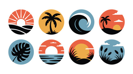 Set of circular tropical icons featuring palm trees, ocean waves, sunrises, sunsets, monstera leaves, and coastal nature landscapes in flat style. © CLOCK TIME