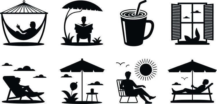 summer relaxation icons featuring people lounging in hammocks, reading under umbrellas, sunbathing, and enjoying refreshing cold drinks outdoors.