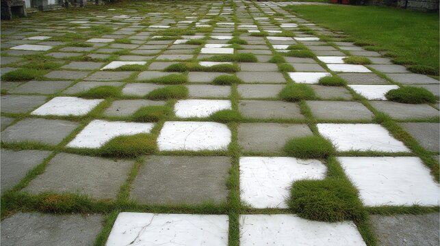Checkerboard pattern formed by alternating concrete pavers and growing grass creates a textured outdoor surface.