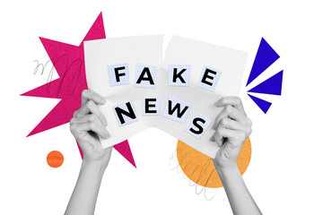 Creative collage picture fake news propaganda falsification placard showing demonstration tear down...