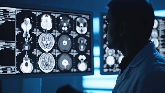 An Indian doctor reviews complex medical brain scan footage on multiple monitors in a dark lab, analyzing diagnostic data for patient health