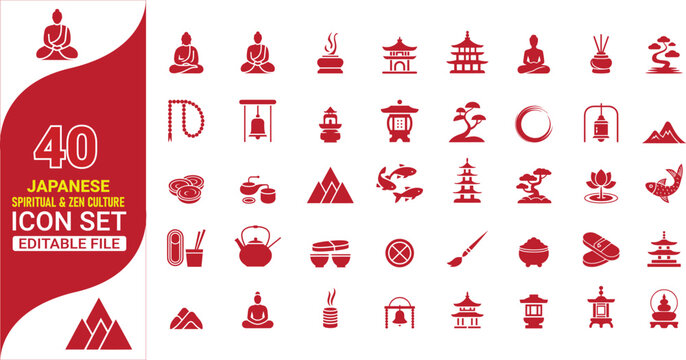 Collection of green and red Japanese landmark and cultural icons with number forty