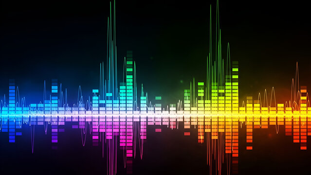 A vibrant sound equalizer visually displays multiple frequencies and audio levels across a dark background, bursting with rainbow colors.