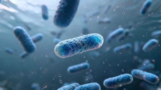 Microscopic bacteria floating in futuristic medical environment representing science technology research and microbiology innovation concept
