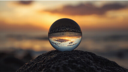 Sunset Reflection Captured in Crystal Ball on a Rocky Shore