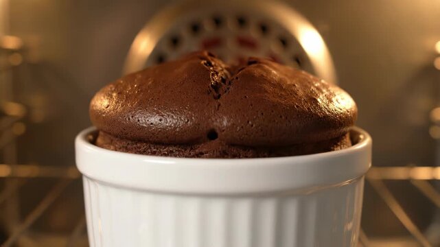 A delicious chocolate souffle is baked to perfection in a white ramekin inside a home oven.