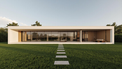 Modern Minimalist House with Green Lawn and Stepping Stones