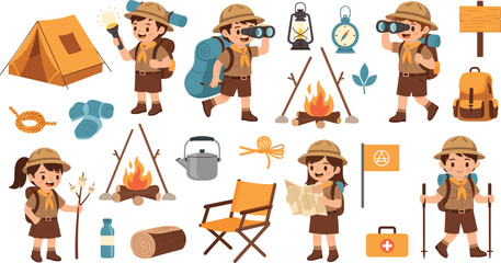 Cute camping kids scout set with tent, campfire, backpack, map, lantern and hiking accessories © EdGe Creative