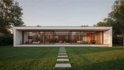 Modern Minimalist House with Green Lawn and Glass Facade
