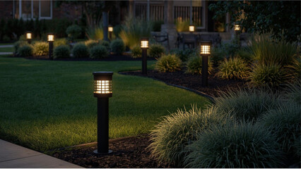 Modern Garden Pathway Illuminated by Bollard Lights at Night