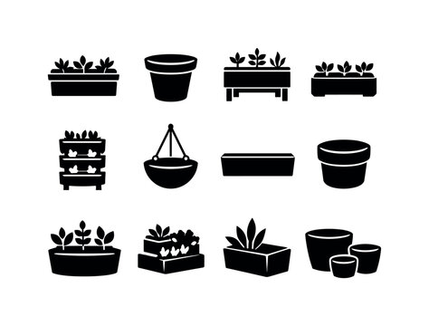 Garden planters. Solid icon set of Garden planters: planter box, flower pot, raised planter, herb planter, vertical planter, hanging planter,