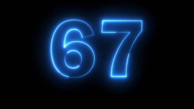 Neon blue color Number 67 text icon animation education mathematic digit count finance countdown icon sign symbol on black background