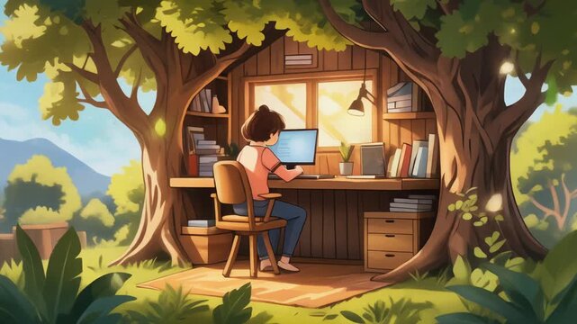 Young woman working on laptop in cozy treehouse office